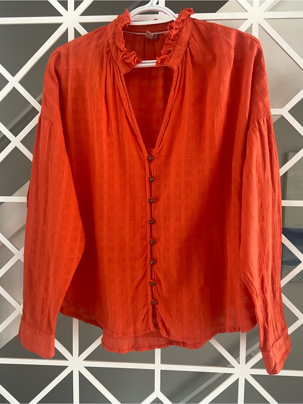 Anthro Pilcro Tavi Oversized Textured Cotton Blouse Small Coral Red Top EUC - Picture 2 of 10